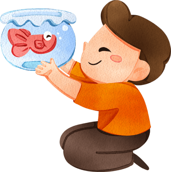 A boy is kneeling, happily lifting his goldfish bowl to take a look, hand-drawn watercolor illustration png