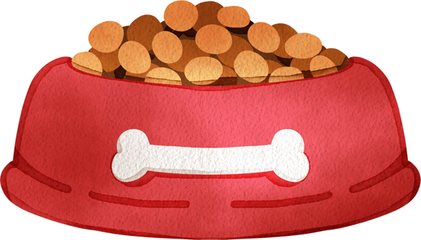 Kibble for dogs is in a large red bowl with a bone pattern, hand-drawn watercolor illustration png