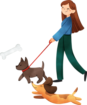 Woman walking with dogs, hand drawn watercolor painting png