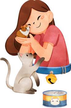 A woman shows her love to a cute hamster and cat, hand drawn watercolor painting png