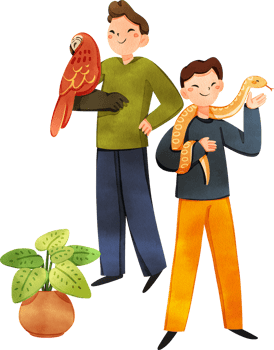 Two men playing with birds and snakes exotic pets, hand drawn watercolor painting png