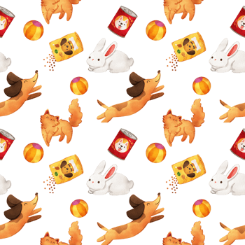 Dogs, Cats, Rabbits and pet food, hand drawn watercolor, seamless pattern design png