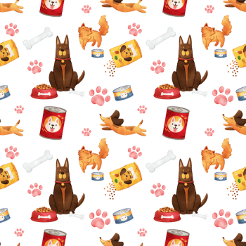 Dogs and cats and their pet food, hand drawn watercolor, seamless pattern design png
