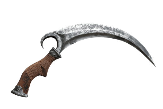 Antique sickle with wooden handle and curved blade isolated on transparent background. perfect for historical, agricultural, or industrial themes. png