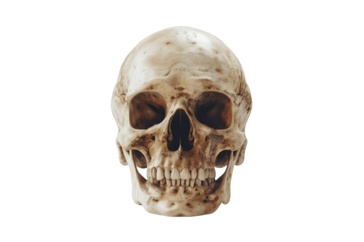 A detailed image of a real human skull, perfectly symmetrical and isolated on a transparent background. ideal for educational or artistic use. png