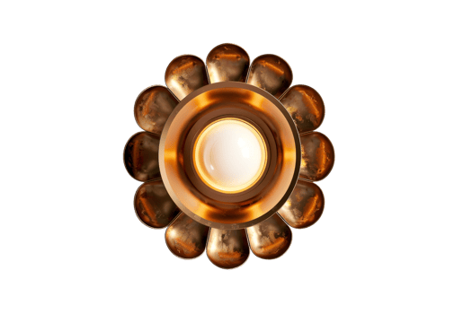 Top view of a vintage, golden decorative light fixture with a flower-like design, featuring a central bulb and petal-shaped outer structure. png