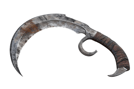 Rustic, curved hand sickle with textured wooden handle, ideal for showcasing medieval tools, weaponry, or historical agricultural instruments. png