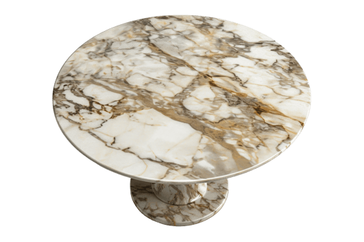 Elegant round marble table with intricate veining, perfect for luxury interiors and designer furniture setups. png