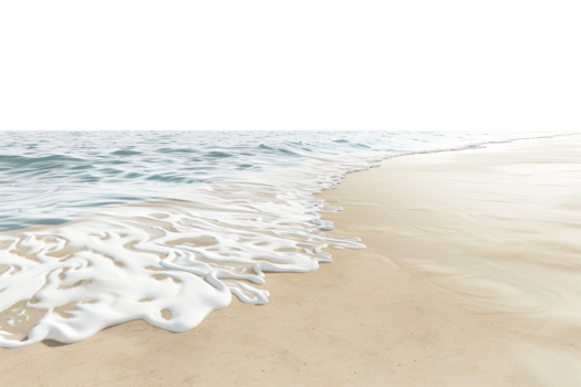Serene beach with gentle waves and soft sand, capturing the tranquility of a peaceful shoreline on a sunny day. png