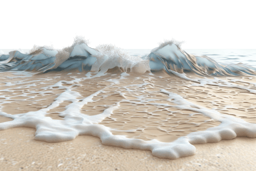 A serene beach scene with gentle waves crashing on the sandy shore, evoking a sense of calm and relaxation. png