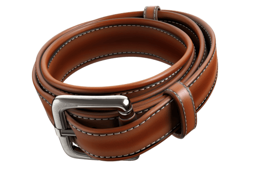 High-quality brown leather belt with silver buckle. Detailed stitching, fashionable, durable, and suitable for casual or formal wear. png