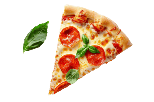 Delicious pepperoni pizza slice with fresh basil leaves isolated on transparent background. Perfect for food advertisements and menus. png
