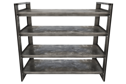 Industrial metal shelving unit with four levels, perfect for organizing and storing items in a home or workshop, sturdy and durable construction. png