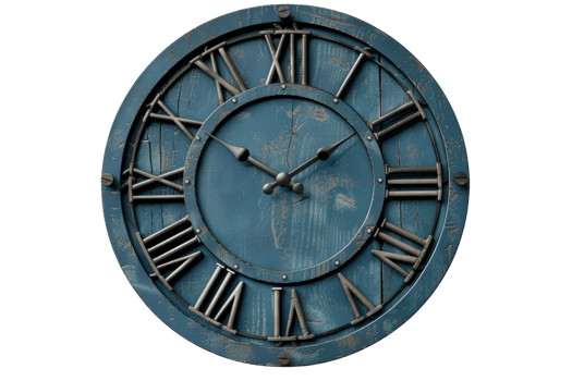 Vintage wall clock with Roman numerals and rustic blue finish, evoking a sense of timeless elegance and antique charm. png