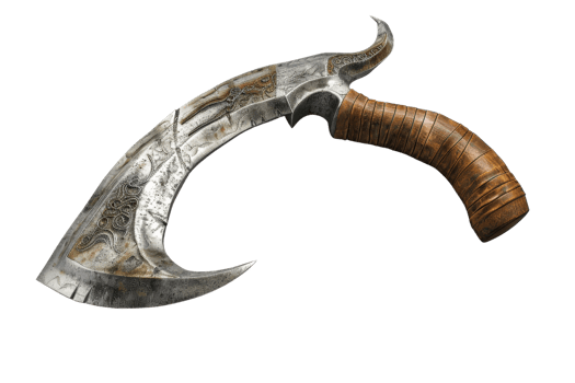 Intricately designed curved knife with an ornate blade and wooden handle, perfect for historical and fantasy themes, isolated on a transparent background. png