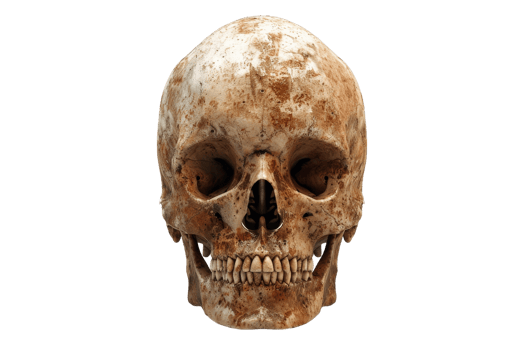 Detailed close-up of an ancient, weathered human skull isolated on a transparent background. Perfect for themes of mortality, archaeology, and history. png