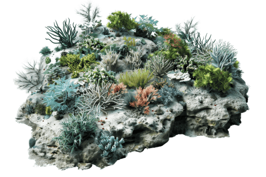 Vibrant underwater coral reef illustration depicting diverse aquatic plants and corals in an oceanic setting, rich in marine life. png