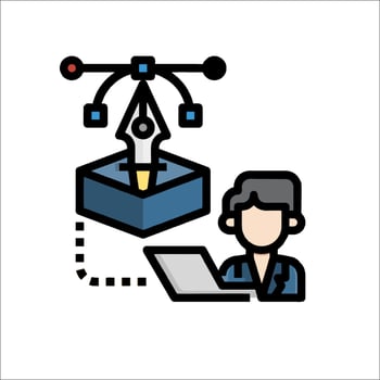 A man is working on a laptop computer with a box on top vector