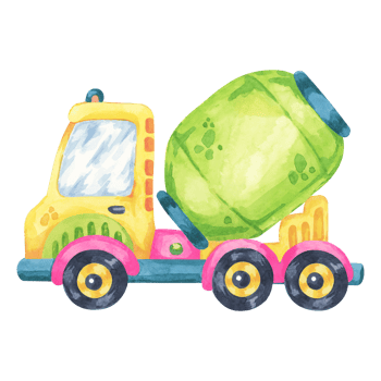 Cement mixer truck in vibrant green and yellow colors. Building site vehicle watercolor clipart, ideal for construction-themed projects, children's room illustrations, cards or educational materials png