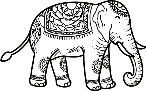 Happy Elephant Wearing Jewelry Standing Side View Thai Line Art Style Hand Drawn Illustration png