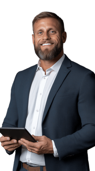 Businessman in suit holding tablet and smiling on transparent background png