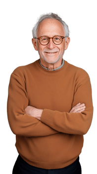 Elderly man in brown sweater smiling with arms crossed on transparent background png