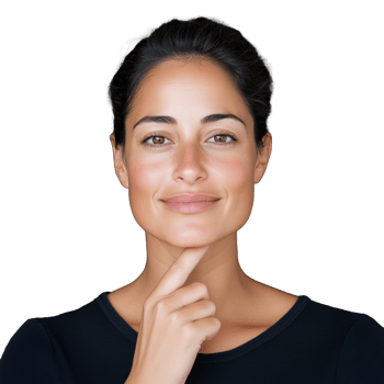 Woman with dark hair in black shirt posing on transparent background png