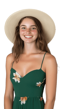 Young woman in green floral dress and hat smiling on transparent background png