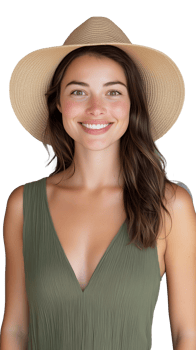 Young woman in green dress and sunhat smiling on transparent background png
