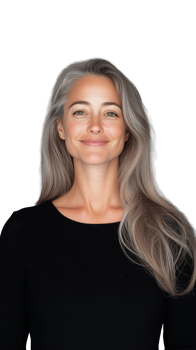 Mature woman with long gray hair in black shirt on transparent background png