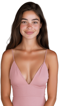 Young woman in pink outfit smiling on transparent background png