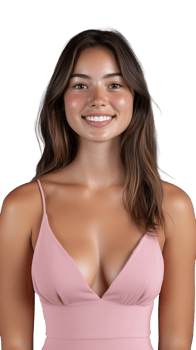 Woman in pink dress smiling confidently on transparent background png