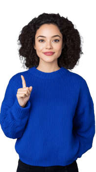 Woman in blue sweater pointing upwards on transparent background png