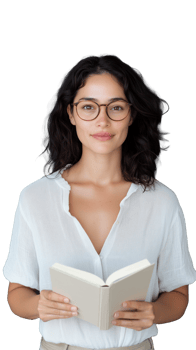 Woman reading a book wearing glasses on transparent background png