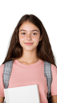 Smiling young girl with notebook and backpack on transparent background png