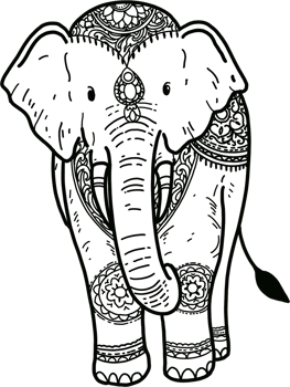 Male Elephant Wearing Jewelry Standing Front View Thai Line Art Style Hand Drawn Illustration png