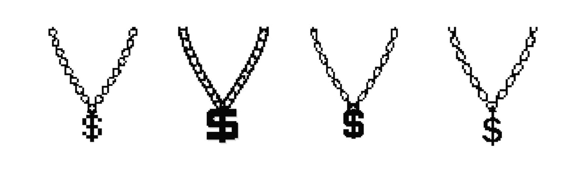 8 bit dollar chain icon. Pixel retro rapper chain vector
