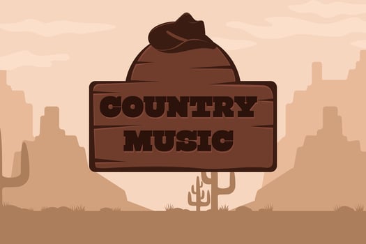 Country music poster with cowboy hat on the background of a scenic landscape. vector