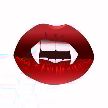 Lips with vampire fangs. Evil dracula grin with blood red kiss vector