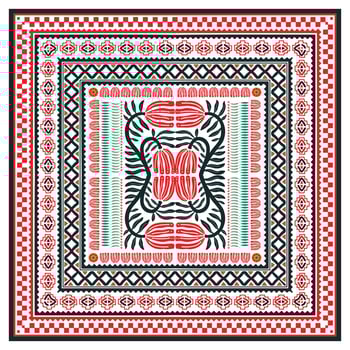 A square pattern featuring vibrant red and green leaves and flowers traditional arranged in a harmonious design,arranged in a circular, repeating pattern, The design is balanced and symmetrical vector