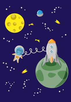 Space landscape with rocket and hedgehog astronaut - vertical vector