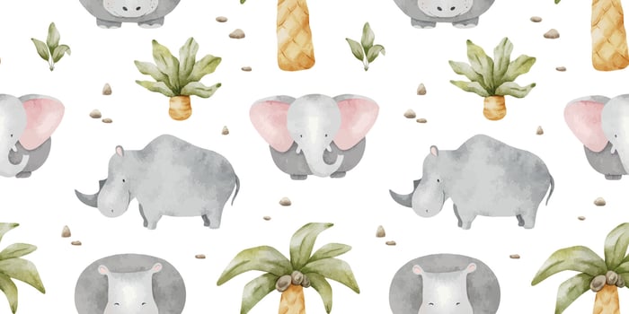 Jungle animals Elephant, rhinoceros, hippo, coconut palm trees and stones. Cute baby Watercolor seamless pattern. Childish background. Safari Print for design kid's goods, cards, fabric vector