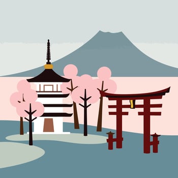 Japanese landscape with tori gate and pagoda vector