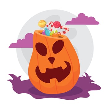 Tall spooky jack-o -lantern pumpkin with Halloween candy, vector