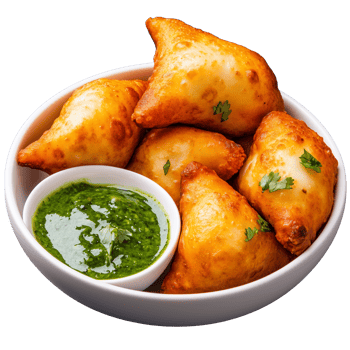 Indian samosas served with green chutney isolated on transparent background png