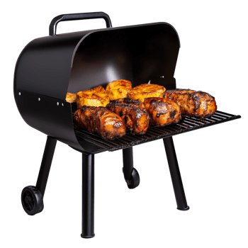 Black barbecue grill with food on cooking grate isolated on transparent background png