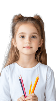 Young girl holding colored pencils isolated on transparent background png