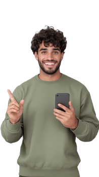 Smiling man pointing with phone in hand isolated on transparent background png