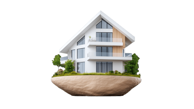 Modern white house model with green landscape isolated on transparent background png