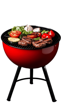 Red barbecue grill with skewered vegetables isolated on transparent background png